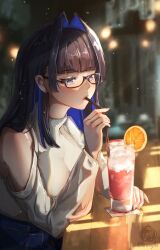 Rule 34 | 1girl, artist logo, artist name, bare shoulders, black hair, blue hair, blunt bangs, colored inner hair, denim, detached sleeves, drink, drinking, drinking straw, food, fruit, glasses, hair intakes, high-waist pants, highres, hime cut, hololive, hololive english, indoors, jeans, koromay ho, long hair, long sleeves, multicolored hair, official alternate costume, official alternate hair length, official alternate hairstyle, orange (fruit), orange slice, ouro kronii, ouro kronii (casual), pants, parted lips, semi-rimless eyewear, shirt, sidelocks, sitting, solo, sweater, turtleneck, turtleneck sweater, twitter username, two-tone hair, virtual youtuber, watermark, white shirt