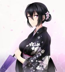 Rule 34 | 1girl, bad id, bad pixiv id, beifeng han, black hair, breasts, cherry blossoms, closed umbrella, flower, flower request, from side, gradient background, hair between eyes, hair flower, hair ornament, holding, holding umbrella, japanese clothes, kimono, long hair, looking at viewer, looking to the side, miyaura sanshio, oil-paper umbrella, original, petals, purple eyes, short hair, sidelocks, smile, solo, umbrella, updo, upper body
