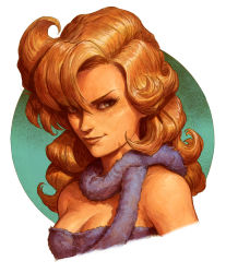 Rule 34 | 1girl, ayla (chrono trigger), blonde hair, breasts, chrono trigger, cleavage, curly hair, dave rapoza, grey eyes, hair over one eye, highres, medium breasts, portrait, smile, solo
