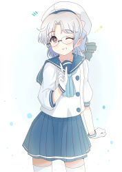 Rule 34 | 1girl, absurdres, blue neckerchief, blue ribbon, blue skirt, brown eyes, commentary request, cowboy shot, glasses, gloves, grey hair, highres, hirato (kancolle), index finger raised, jiyuucho, kantai collection, long sleeves, neckerchief, one eye closed, pleated skirt, ribbon, school uniform, serafuku, short hair, skirt, solo, thighhighs, wavy hair, white gloves, white thighhighs