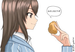 Rule 34 | 10s, 1girl, artist request, brown eyes, brown hair, girls und panzer, guderian, highres, long hair, mika (girls und panzer), potato, profile, smile, solo, translated, twitter username