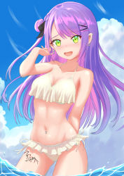 Rule 34 | 1girl, :d, barbell piercing, bikini, black ribbon, blusemba, braid, colored inner hair, ear piercing, earrings, embarrassed, fang, french braid, frilled bikini, frills, green eyes, hair bun, hair ribbon, highres, hololive, industrial piercing, jewelry, leg tattoo, long hair, looking at viewer, multicolored hair, navel piercing, nushiya (ayihsem), one side up, open mouth, piercing, pink hair, pointy ears, purple hair, ribbon, side-tie bikini bottom, side bun, simple background, single side bun, skin fang, smile, solo, streaked hair, swept bangs, swimsuit, tattoo, tokoyami towa, virtual youtuber, wading, white background