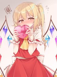 Rule 34 | 1girl, alternate eye color, artist name, ascot, blonde hair, blush, box, brown eyes, commentary request, cowboy shot, crystal, dated, flandre scarlet, flying sweatdrops, frilled shirt collar, frills, gradient background, grey background, hair between eyes, hands up, haruki (colorful macaron), heart-shaped box, highres, holding, holding box, long hair, looking at viewer, no headwear, nose blush, one side up, puffy short sleeves, puffy sleeves, red skirt, shirt, short sleeves, signature, skirt, skirt set, solo, spoken squiggle, squiggle, standing, touhou, valentine, white shirt, wings, wrist cuffs, yellow ascot