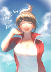 Rule 34 | 1girl, absurdres, artist name, asahina aoi, blue eyes, breasts, brown hair, cleavage, closed eyes, collarbone, commentary request, danganronpa: trigger happy havoc, danganronpa (series), dated, day, hair ornament, hairclip, happy birthday, highres, jacket, large breasts, nyuukazai, outdoors, ponytail, red jacket, shirt, smile, solo, teeth, upper teeth only, white shirt