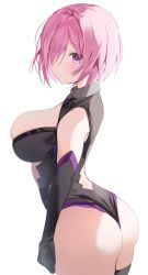 Rule 34 | 1girl, ass, bad id, bad pixiv id, black leotard, blush, breasts, cleavage, cleavage cutout, closed mouth, clothing cutout, collar, fate/grand order, fate (series), gloves, hair over one eye, highres, large breasts, leotard, light purple hair, looking at viewer, mash kyrielight, metal collar, purple eyes, short hair, simple background, solo, white background, yuuko (030 yuko)