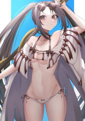 Rule 34 | 1girl, bad id, bad pixiv id, bare shoulders, bikini, breasts, brown eyes, brown hair, cleavage, collarbone, eyewear on head, fate/grand order, fate (series), hair ornament, long hair, medium breasts, navel, open clothes, polearm, robe, solo, spear, sunglasses, swimsuit, twintails, user cpuf8237, user cpuf8237, very long hair, weapon, white bikini, yu mei-ren (fate), yu mei-ren (swimsuit lancer) (fate)