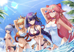 Rule 34 | 4girls, absurdres, arched back, armpits, arms up, ass, ayaka (genshin impact), bandaged arm, bandages, bare arms, bikini, black bikini, blonde hair, blue eyes, blue sky, blunt bangs, bow, bracelet, braid, breasts, cleavage, collarbone, competition swimsuit, covered navel, cowboy shot, day, floating hair, flower, genshin impact, grey hair, hair between eyes, hair bow, hair flower, hair ornament, halterneck, high ponytail, highres, jewelry, large breasts, leaning forward, long hair, looking at viewer, low-braided long hair, low-tied long hair, medium breasts, melreon, mole, mole under eye, multi-strapped bikini, multiple girls, one-piece swimsuit, orange bikini, outdoors, pink hair, ponytail, purple bikini, purple eyes, purple hair, raiden shogun, red bow, sarashi, side-tie bikini bottom, sideboob, sky, standing, sunlight, swimsuit, very long hair, wading, white flower, white one-piece swimsuit, yae miko, yellow eyes, yoimiya (genshin impact)