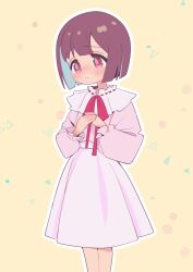 Rule 34 | 1girl, blue hair, blunt bangs, blunt ends, blush, bob cut, brown eyes, brown hair, colored inner hair, commentary, cosplay, dress, feet out of frame, frilled shirt collar, frills, highres, hozuki momiji, long sleeves, mochitsuki kagami, multicolored hair, nose blush, onii-chan wa oshimai!, outline, own hands together, oyama mahiro, oyama mahiro (cosplay), pink dress, puffy long sleeves, puffy sleeves, short hair, simple background, solo, two-tone hair, white outline, yellow background