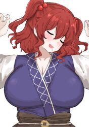 Rule 34 | 1girl, absurdres, blush, breasts, coin, drooling, hair bobbles, hair ornament, highres, kumiyabe, large breasts, obi, onozuka komachi, open mouth, red eyes, red hair, sash, simple background, sleeping, solo, touhou, two side up, upper body, white background