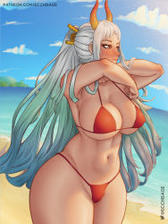 Rule 34 | 1girl, bad id, bad twitter id, beach, bikini, bikini under clothes, breasts, clothes lift, cloud, cloudy sky, cowboy shot, ecchisage, gradient hair, green hair, horns, japanese clothes, large breasts, lips, long hair, midriff, multicolored hair, navel, ocean, one piece, orange eyes, patreon username, red bikini, shirt lift, sky, swimsuit, thick thighs, thighs, twitter username, undressing, very long hair, white hair, wide hips, yamato (one piece)