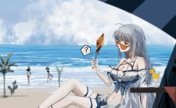 Rule 34 | 1girl, absurdres, ahoge, arknights, artist request, bare legs, bare shoulders, beach, bikini, blue shorts, breasts, ch&#039;en (arknights), choker, cleavage, cloud, cloudy sky, cup, drink, drinking glass, drinking straw, female focus, fish, food, glasses, highres, holding, holding food, long hair, looking at another, looking over eyewear, looking over glasses, navel, ocean, official alternate costume, orange-tinted eyewear, orange-tinted glasses, red eyes, short sleeves, shorts, silver hair, sitting, skadi (arknights), skadi (waverider) (arknights), sky, sunglasses, swimsuit, tagme, thighs, tinted eyewear, very long hair, water