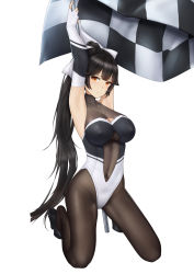 Rule 34 | 1girl, absurdres, armpits, arms up, azur lane, bare shoulders, bbdaoa (1446759744), black footwear, black hair, black pantyhose, blush, bodysuit, bow, breasts, brown eyes, checkered flag, cleavage, closed mouth, colored pencil (medium), elbow gloves, fingerless gloves, flag, gloves, hair bow, hair flaps, highres, impossible clothes, large breasts, leotard, long hair, looking at viewer, navel, pantyhose, ponytail, race queen, shoes, simple background, sitting, solo, takao (azur lane), takao (full throttle charmer) (azur lane), traditional media, unitard, white background, white bow