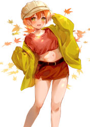 Rule 34 | 1girl, autumn leaves, belt, blush, breasts, cowboy shot, crop top, hat, hinami riku, hoshizora rin, jacket, looking away, love live!, love live! school idol project, midriff, navel, open clothes, open jacket, open mouth, orange hair, red shirt, red skirt, shirt, short hair, skirt, sleeves past wrists, small breasts, solo, yellow eyes, yellow jacket