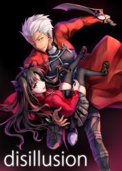 Rule 34 | 1boy, 1girl, ;), archer (fate), black background, black bow, black pants, black thighhighs, blue eyes, bow, breasts, brown footwear, brown hair, cape, carrying, fate/stay night, fate (series), floating hair, grey eyes, grey skirt, hair bow, highres, holding, holding sword, holding weapon, kanshou &amp; bakuya (fate), loafers, long hair, long sleeves, looking at viewer, medium breasts, miniskirt, mintes, one eye closed, pants, pleated skirt, red cape, red shirt, school uniform, shirt, shoes, silver hair, skirt, smile, sword, thighhighs, title, tohsaka rin, twintails, very long hair, weapon
