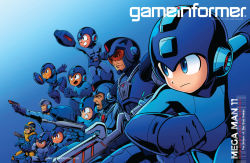 Rule 34 | 6+boys, arm cannon, armor, blue background, blue theme, bodysuit, capcom, copyright name, cover, english text, from side, gradient background, gun, helmet, legs apart, magazine cover, male focus, mega man (character), mega man (classic), mega man (series), mega man 1, mega man 10, mega man 11, mega man 2, mega man 3, mega man 4, mega man 5, mega man 6, mega man 7, mega man 8, mega man 9, multiple boys, multiple persona, official art, open mouth, smile, standing, thick eyebrows, v-shaped eyebrows, visor, watermark, weapon, web address