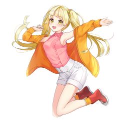 Rule 34 | 1girl, :d, absurdres, armpits, arms up, bang dream!, bare shoulders, blonde hair, commentary request, full body, hair ornament, highres, jacket, long hair, long sleeves, looking at viewer, neginoki, off shoulder, open clothes, open jacket, open mouth, orange jacket, orange socks, outstretched arms, pink shirt, red footwear, shirt, shirt tucked in, shoes, short shorts, shorts, simple background, sleeveless, sleeveless shirt, smile, socks, solo, thighs, tsurumaki kokoro, twintails, white background, white shorts, yellow eyes