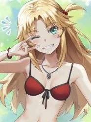 Rule 34 | 1girl, bad id, bad twitter id, bare shoulders, bikini, blonde hair, braid, breasts, collarbone, fate (series), french braid, green eyes, grin, hair ornament, hair scrunchie, highres, jewelry, long hair, looking at viewer, mordred (fate), mordred (fate) (all), mordred (swimsuit rider) (fate), mordred (swimsuit rider) (first ascension) (fate), necklace, one eye closed, one side up, parted bangs, ponytail, red bikini, scrunchie, sidelocks, small breasts, smile, solo, swimsuit, tonee