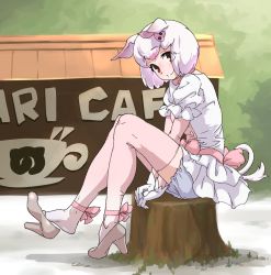 Rule 34 | 1girl, animal ears, ankle ribbon, between legs, bloomers, brown eyes, dress, eyes visible through hair, full body, gloves, gradient legwear, hair ornament, hairclip, hand between legs, high heels, highres, japari symbol, kemono friends, leg ribbon, looking at viewer, neck ribbon, outdoors, pig (kemono friends), pig ears, pig tail, pink hair, pink ribbon, pink thighhighs, puffy short sleeves, puffy sleeves, ribbon, shoe dangle, short hair, short sleeves, sitting, smile, solo, tail, tanabe (fueisei), thighhighs, tree stump, underwear, white bloomers, white dress, white gloves, white thighhighs
