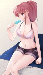 Rule 34 | 1girl, alternate hairstyle, atlanta (kancolle), bikini, bikini top only, black shorts, breasts, brown hair, cleavage, commentary request, cowboy shot, food, grey background, grey eyes, halterneck, highres, kantai collection, large breasts, long hair, medara, ponytail, popsicle, sand, short shorts, shorts, signature, sitting, solo, swimsuit, white bikini