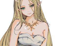 Rule 34 | 1girl, bare shoulders, blonde hair, breasts, cleavage, dress, gold necklace, green eyes, hatenokatasumi, jewelry, long hair, looking at viewer, medium breasts, necklace, nintendo, parted bangs, pointy ears, princess zelda, solo, strapless, strapless dress, the legend of zelda, the legend of zelda: breath of the wild, upper body, white background, white dress
