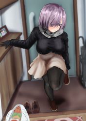 Rule 34 | 1girl, alternate costume, arm support, bag, black gloves, black pantyhose, black sweater, blurry, blush, breasts, brown footwear, carrot, closed umbrella, commentary request, contemporary, depth of field, door, eyes visible through hair, fate/grand order, fate (series), gloves, grey scarf, grocery bag, hair over one eye, head tilt, highres, indoors, large breasts, leaning forward, light purple hair, long sleeves, looking at viewer, mash kyrielight, medium hair, pantyhose, photo (object), picture frame, pink skirt, plastic bag, removing shoes, scarf, shopping bag, skirt, smile, solo, sweater, umbrella, wataseric52koni