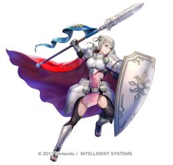 Rule 34 | 1girl, alternate costume, armor, asatani tomoyo, bodysuit, bodysuit under clothes, breastplate, cape, commentary request, dress, effie (fire emblem), fire emblem, fire emblem fates, fire emblem heroes, full body, gauntlets, green eyes, grey hair, hair bun, holding, intelligent systems, lips, looking at viewer, nintendo, official art, parted lips, pelvic curtain, red cape, sandals, shield, short dress, shoulder armor, simple background, single hair bun, smile, solo, standing, toeless footwear, toes, white background