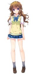 Rule 34 | 1girl, brown hair, full body, gotou nao, hair ornament, hairclip, highres, loafers, long hair, looking at viewer, natsuiro koi uta, official art, plaid, plaid skirt, pleated skirt, purple eyes, shoes, short sleeves, skirt, smile, socks, solo, standing, transparent background, tsukiyono yuna