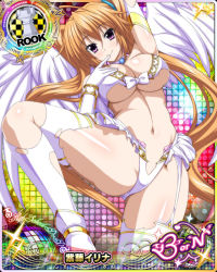 Rule 34 | 1girl, ahoge, angel, angel wings, bare shoulders, bikini, bow, bow bikini, breasts, brown hair, card (medium), chess piece, choker, elbow gloves, female focus, frills, gloves, gluteal fold, hair between eyes, high school dxd, high school dxd born, large breasts, looking at viewer, midriff, navel, official art, purple eyes, rook (chess), shidou irina, smile, solo, swimsuit, thighhighs, torn clothes, twintails, underboob, white gloves, white wings, wings