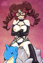 Rule 34 | 10s, 1girl, ahegao, alternate hairstyle, bdsm, black gloves, black panties, black thighhighs, blue eyes, blush, bondage, bound, breasts, brown hair, chain, clothing aside, collar, creatures (company), cuffs, dildo, double bun, drill hair, duskull, elbow gloves, female focus, fucked silly, game freak, gen 1 pokemon, gen 3 pokemon, gloves, hair bun, harness, lapras, large breasts, latex, latex gloves, my pet tentacle monster, nintendo, nipples, object insertion, open mouth, pale skin, panties, panties aside, pokemon, pokemon (creature), pokemon bw2, pokephilia, pussy, pussy juice, rolling eyes, rosa (pokemon), sex toy, skull, solo, thighhighs, tongue, tongue out, twin drills, twintails, uncensored, underwear, vaginal, vaginal object insertion, wooden horse