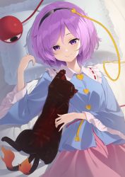 Rule 34 | 1girl, arm up, blue shirt, cat, commentary, hair ornament, hairband, head on pillow, heart, heart hair ornament, highres, kaenbyou rin, kaenbyou rin (cat), kanpa (campagne 9), komeiji satori, long sleeves, looking at viewer, lying, on back, on bed, pillow, pink skirt, purple eyes, purple hair, shirt, short hair, skirt, smile, solo, third eye, touhou, upper body, wide sleeves