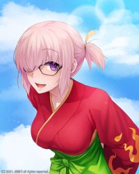 Rule 34 | 1girl, absurdres, alternate costume, blondy (ldlong), fate/grand order, fate (series), glasses, highres, japanese clothes, kimono, mash kyrielight, mash kyrielight (enma-tei uniform), official alternate costume, one eye covered, pink hair, ponytail, purple eyes