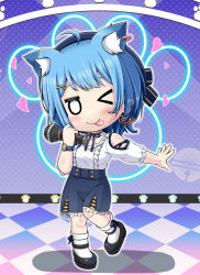 Rule 34 | &gt; o, 1girl, :p, ahoge, animal ear fluff, animal ears, black footwear, black ribbon, blank eyes, blue eyes, blue hair, blue hat, blue skirt, blush, breasts, cat ears, cat girl, closed mouth, clothing cutout, commentary request, earrings, extra ears, frilled shirt, frilled skirt, frilled sleeves, frills, full body, hair ornament, hat, heart, heart earrings, holding, holding microphone, jewelry, looking at viewer, medium breasts, microphone, miso panda, nanashi inc., neck ribbon, one eye closed, ribbon, shirt, shoes, short bangs, short hair, shoulder cutout, single earring, skirt, smile, socks, solo, souya ichika, souya ichika (5th costume), standing, standing on one leg, tongue, tongue out, virtual youtuber, watch, white shirt, white socks, wristwatch, x hair ornament