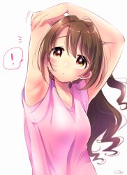 Rule 34 | !, 1girl, :o, ^^^, armpits, arms up, bare arms, blurry, blush, breasts, brown hair, depth of field, hair between eyes, hair intakes, hand on own arm, idolmaster, idolmaster cinderella girls, jamu, long hair, looking up, messy hair, open mouth, pink shirt, shimamura uzuki, shiny skin, shirt, short sleeves, signature, simple background, small breasts, solo, speech bubble, stretching, sweat, upper body, wavy hair, white background, yellow eyes
