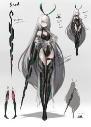 Rule 34 | 1girl, absurdres, bare shoulders, breasts, character sheet, elbow gloves, english text, eyes visible through hair, fantasy, gloves, gradient background, green eyes, grey background, hair over eyes, hairband, hand on own hip, highres, holding, holding weapon, ikasamahideo, jacket, leotard, long hair, original, see-through, see-through jacket, shadow, signature, single elbow glove, small breasts, solo, thigh strap, thighhighs, two-tone background, very long hair, weapon, white background