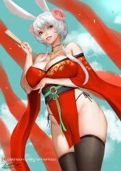 Rule 34 | 1girl, animal ears, ariverkao, arm under breasts, black thighhighs, blue eyes, breasts, choker, dated, flower, folding fan, grey hair, hair flower, hair ornament, hand fan, holding, holding fan, jewelry, large breasts, necklace, obi, off shoulder, original, panties, patreon logo, pelvic curtain, rabbit ears, sash, short hair with long locks, side-tie panties, signature, smile, solo, thighhighs, underwear