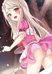 Rule 34 | 1girl, :d, ass, back, bad id, bad pixiv id, blurry, blurry background, blush, breasts, commentary request, cup, depth of field, dress, drinking glass, dutch angle, fate/kaleid liner prisma illya, fate (series), foam, from behind, grey hair, highres, holding, holding tray, illyasviel von einzbern, indoors, long hair, looking at viewer, looking back, maid headdress, no panties, open mouth, pink dress, puffy short sleeves, puffy sleeves, red eyes, revision, short sleeves, small breasts, smile, standing, standing on one leg, teeth, thighhighs, thighs, tray, upper teeth only, very long hair, white thighhighs, yan (nicknikg)