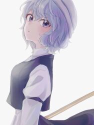 Rule 34 | 1girl, blue hair, closed mouth, commentary request, from side, grey background, grey eyes, highres, kosaka sakasa, letty whiterock, light blue hair, long sleeves, looking at viewer, short hair, simple background, solo, touhou, upper body, white headwear