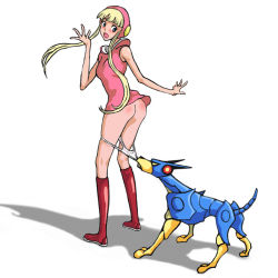 Rule 34 | 1girl, animal, artist request, ass, assisted exposure, blonde hair, blunt bangs, blush, boots, casshern (series), dog, embarrassed, hand up, long hair, looking back, mecha, open mouth, panties, panty pull, pulling, red footwear, robot, robot hunter casshern, shadow, simple background, twintails, underwear, white background, white panties
