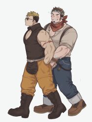 Rule 34 | 2boys, arm tattoo, bara, belt, black footwear, blonde hair, blush, brown hair, chaps, closed eyes, denim, facial hair, full body, goatee, grin, hand in pocket, henley shirt, high collar, highres, holding hands, jeans, long sideburns, looking to the side, male focus, multicolored hair, multiple boys, muscular, muscular male, onogami tetsuya, pants, pectoral cleavage, pectorals, pointy ears, red scarf, scar, scar across eye, scarf, short hair, sideburns, simple background, sleeveless, smile, star (symbol), sunglasses, suspenders, tattoo, tokyo houkago summoners, tomte (housamo), two-tone hair, undercut, walking, wanijima, white background