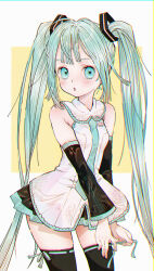 Rule 34 | 1girl, :o, armpit crease, bare shoulders, black skirt, black sleeves, black thighhighs, blue eyes, blue hair, blush, breasts, chromatic aberration, collared shirt, commentary request, cowboy shot, detached sleeves, hatsune miku, highres, kawamitsu, long hair, long sleeves, open mouth, pleated skirt, shirt, side-tie thighhighs, sidelocks, skirt, sleeveless, sleeveless shirt, solo, thighhighs, twintails, tying, vocaloid, white shirt