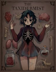 Rule 34 | 1girl, blood, blue hair, bone, bottle, brain, character name, commentary, cork, corked bottle, english commentary, exposed bone, feefal, heart (organ), highres, holding, holding scalpel, holding scissors, intestines, jar, jaw, lungs, organs, original, paper background, ribs, scalpel, scissors, shadow, short hair, sinister, skirt, stitches, surgical scissors