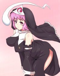 Rule 34 | 1girl, alternate costume, bad id, bad pixiv id, bare shoulders, breasts, cosplay, covered erect nipples, cross, detached sleeves, female focus, ghost, habit, hitodama, impossible clothes, impossible shirt, jewelry, large breasts, moisture (chichi), necklace, nun, pink eyes, pink hair, saigyouji yuyuko, shirt, short hair, side slit, simple background, solo, touhou, triangular headpiece