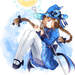 Rule 34 | 1girl, bad id, bad pixiv id, bow, braid, brown hair, crescent moon, dress, funamusea, hat, hat bow, long hair, mary janes, moon, one eye closed, oounabara to wadanohara, pantyhose, sailor dress, shoes, solo, star (symbol), twin braids, wadanohara, witch hat, zhenming