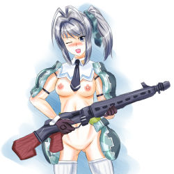 Rule 34 | 00s, 1girl, armor, blush, breasts, female focus, gloves, gradient background, grey hair, gun, licorice nelson, long hair, necktie, nipples, no pants, no pussy, one eye closed, open mouth, ponytail, pussy, r2-d2 (artist), senjou no valkyria, senjou no valkyria (series), senjou no valkyria 2, side ponytail, solo, standing, thighhighs, uncensored, weapon, white background, wink