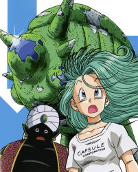 Rule 34 | 1990s (style), 1boy, 1girl, aqua eyes, black skin, bulma, cleaned, clothes writing, colored skin, dark-skinned male, dark skin, dragon ball, dragonball z, earrings, green hair, jewelry, long hair, mister popo, non-web source, official art, open mouth, pointy ears, retro artstyle, scan, shiny skin, spacecraft, third-party edit, turban, yamamuro tadayoshi