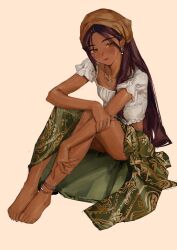 1girl anklet bandana barefoot blush brown_eyes brown_hair commentary dark-skinned_female dark_skin earrings english_commentary highres jewelry long_hair nashidrop necklace original ring simple_background sitting skirt smile solo