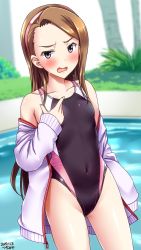 Rule 34 | 1girl, artist name, black one-piece swimsuit, brown eyes, brown hair, collarbone, commentary request, competition swimsuit, covered navel, cowboy shot, dated, female focus, flat chest, hairband, highres, idolmaster, idolmaster (classic), idolmaster 2, jacket, long hair, looking at viewer, minase iori, one-piece swimsuit, open mouth, outdoors, pool, solo, swept bangs, swimsuit, tsuchimiya, white jacket