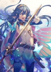 Rule 34 | 1girl, artist name, belt, blue eyes, blue hair, bug, butterfly, cape, falchion (fire emblem), fire emblem, fire emblem awakening, fire emblem heroes, fujikawa arika, hair between eyes, holding, holding sword, holding weapon, insect, long hair, looking at viewer, lucina (fire emblem), nintendo, official alternate costume, open mouth, solo, sword, tiara, weapon