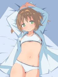 Rule 34 | + +, 1girl, arms behind head, arms up, bed sheet, bra, brown hair, clothes writing, colored inner hair, commentary, cowboy shot, dress shirt, flat chest, groin, hair intakes, highres, indoors, long sleeves, looking at viewer, lying, multicolored hair, navel, no pants, oka asahi, on back, onii-chan wa oshimai!, open clothes, open shirt, orange hair, panties, shirt, short hair, smile, solo, stomach, training bra, two-tone hair, two side up, underwear, unkimo, white bra, white panties, white shirt, window shadow