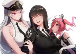 Rule 34 | 3girls, absurdres, angry, azur lane, black hair, black necktie, breasts, closed eyes, closed mouth, collared shirt, commander (azur lane), commission, elbow gloves, enterprise (azur lane), frown, glasses, gloves, grey hair, hat, highres, holding another&#039;s arm, jealous, large breasts, long hair, long sleeves, looking at another, multiple girls, necktie, open mouth, pink hair, purple eyes, rororo, saratoga (azur lane), shirt, simple background, sleeveless, small breasts, smile, standing, twintails, white background, white gloves, white shirt